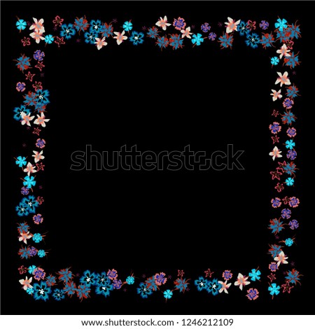 Floral Wreath. Vector Square Pattern with Small Wild Flowers for Print, Cover, Poster. Floral Decoration for Wedding or Birthday Invitation. Bright Design on Black Background.