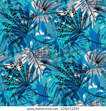 Tropical Plants. Seamless Pattern with Brasilian Rainforest. Trendy Colorful Texture for Dress, Swimwear, Cloth. Vector Tropical Pattern.