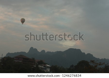 fields and mountains in vanvieng lao, landscape photo. Morning view at Vang Vieng, Laos