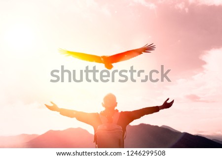 Man raise hand up on top of mountain and sunset sky with eagle bird fly abstract background. Copy space freedom travel adventure and business victory concept. Vintage tone filter effect color style.
