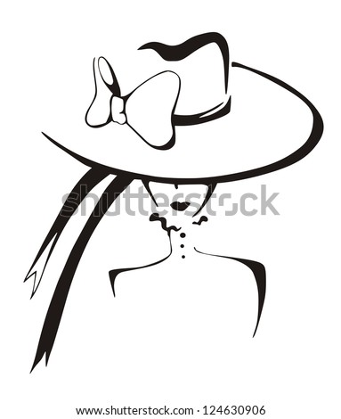 Sketch of elegant woman in hat. Black and white vector illustration. Royalty-Free Stock Photo #124630906