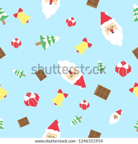 Christmas seamless pattern with santa,gift,pine,chocolate and bell on blue background.