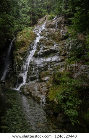 Beautiful view of a waterfall during a foggy day. Taken in Mt Fromme, North Vancouver, British Columbia, Canada.