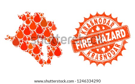 Fire hazard collage of map of Krasnodarskiy Kray burning and corroded stamp seal. Map of Krasnodarskiy Kray vector collage designed for fire insurance templates.