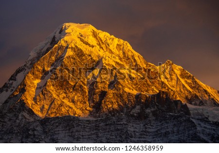 Annapurna South at sunrise. Annapurna mountain range in Nepal