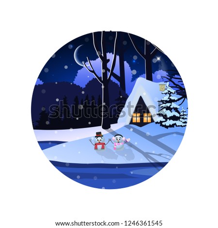 Christmas, new year round sign of winter snowy night landscape with little house and cute snowmen isolated on white background. illustration, icon, sticker, clip art, logo design element.