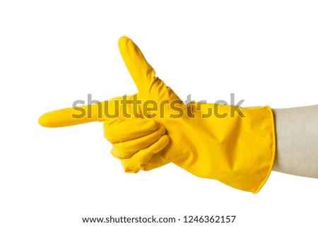 Hand in a rubber glove shows gestures. Symbolism. On white background.