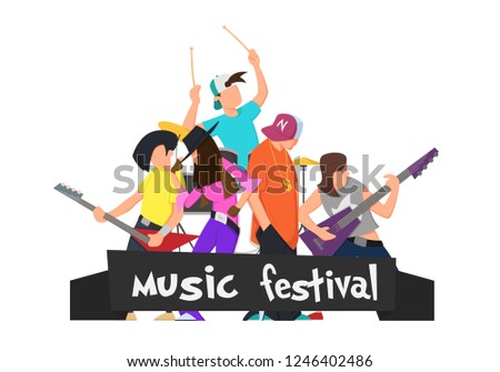 Group of young teenage men and women with mohawks singing and playing music during concert isolated on white background. Vector illustration in flat style isolated