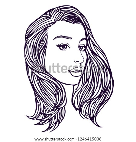 Beautiful woman face with long hair. Pretty girl model elegant portrait. Hand drawn line art vector sketch, design for coloring book page