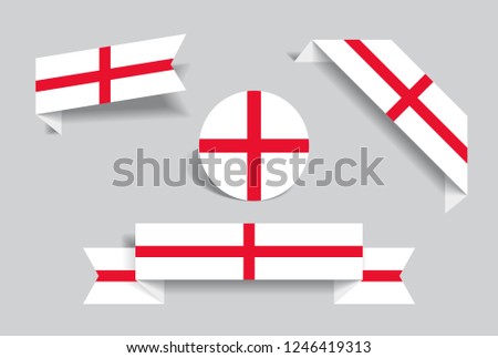 English flag stickers and labels set. Vector illustration.