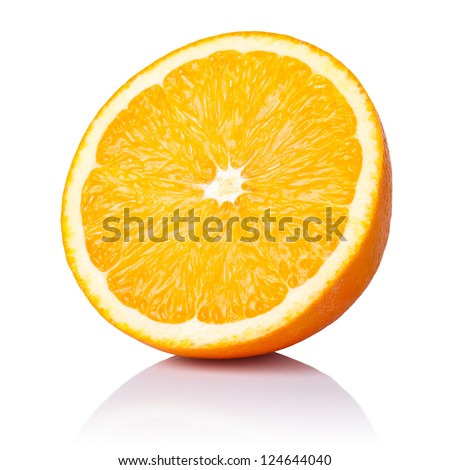 Half orange fruit on white background, fresh and juicy Royalty-Free Stock Photo #124644040