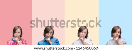 Collage of down syndrome woman over colorful stripes isolated background asking to be quiet with finger on lips. Silence and secret concept.