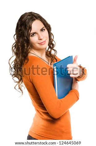 Portrait of smiling friendly young female student isolated on white background.