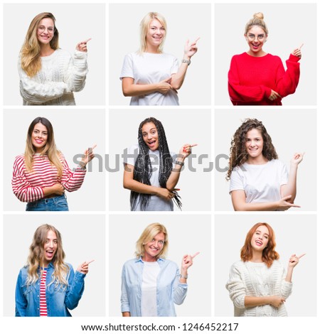 Collage of group of young and senior women over isolated background with a big smile on face, pointing with hand and finger to the side looking at the camera.