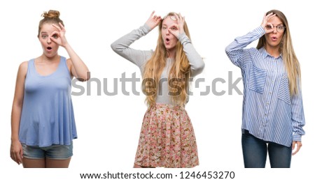 Collage of group of blonde women over isolated background doing ok gesture shocked with surprised face, eye looking through fingers. Unbelieving expression.