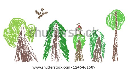 Wax crayon like child`s hand drawn forest or tree set and flaying bird isolated on white. Pastel chalk or pencil like kid`s hand painting on paper. Vector ecology  background banner.