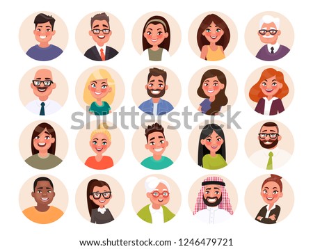 Set of avatars of happy people of different races and age. Portraits of men and women. Vector illustration in cartoon style.