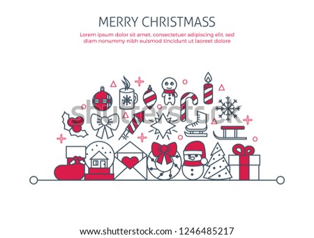 Christmas poster. Round concept banner template. Thin line icons set new year. Xmas web symbols outline flat style for Merry Christmas tree, mobile app background, party decoration, celebration, game