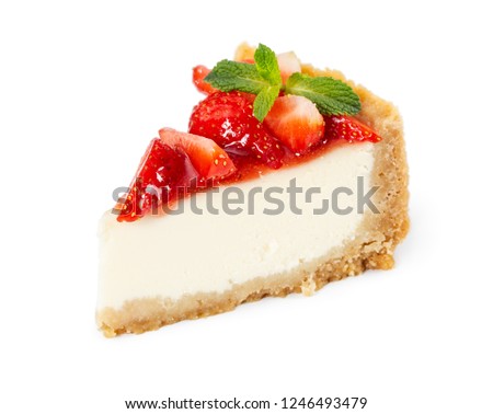 Piece of cheesecake with fresh strawberries and mint isolated on white background Royalty-Free Stock Photo #1246493479