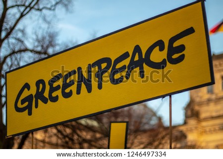 
Shield of the environmental organization "Greenpeace" in front of the German Reichstag building Royalty-Free Stock Photo #1246497334