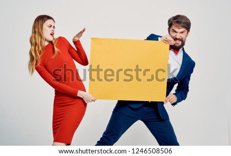 Cute men woman with yellow mockup                   