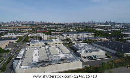 Aerial picture. Warehouse area near New York city. Huge malls. 