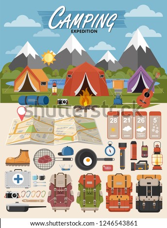 Camping equipment vector collection. . Base camp gear and accessories. Camping icon set. Hiking icons set.