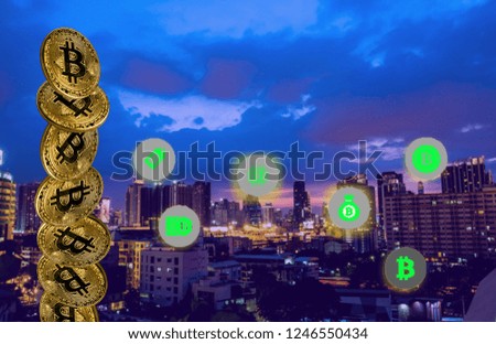 Bit coin technology icon investment woman hands in the city.