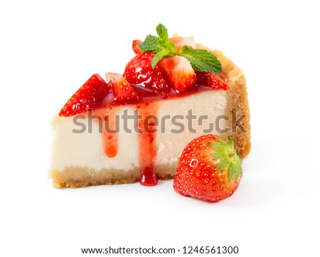 Piece of cheesecake with fresh strawberries and mint isolated on white background Royalty-Free Stock Photo #1246561300