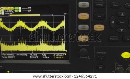 Old displays of professional analog vu metres in a recording studio, measuring and showing decibels of sound, standard volume indicator. Sound waves oscillating green glow light. Music equalizer