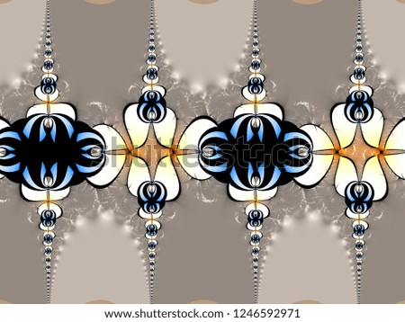 A hand drawing pattern made of yellow white and blue on a black background.
