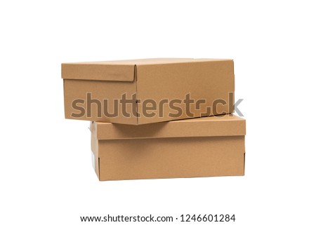 Brown cardboard shoes box with lid for shoe or sneaker product packaging mockup, isolated on white background with clipping path. Royalty-Free Stock Photo #1246601284