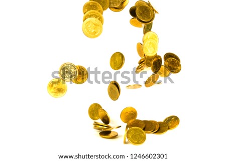 Movement of falling gold coin, flying coin, rain money isolated on white background, business and financial wealth and take profit concept idea.