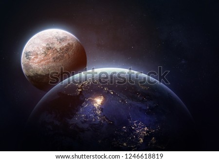 Planet Earth and other planet on the background. Mars. Red planet. Deep space. Elements of this image furnished by NASA