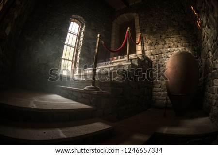 Inside of old creepy abandoned mansion. Staircase and colonnade. Dark castle stairs to the basement. Spooky dungeon stone stairs in old castle. Horror Halloween background