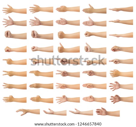 Set of human hand in multiple gesture isolate on white background with clipping path, Low contrast for retouch or graphic design Royalty-Free Stock Photo #1246657840