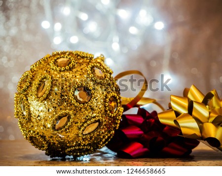 Fir tree decoration. New Year 2019. Light background. New Year mood, Christmas tree toys. Lights, bokeh. festive. Merry Christmas Abstract Blurred Christmas Lights Background. Copy space for design.