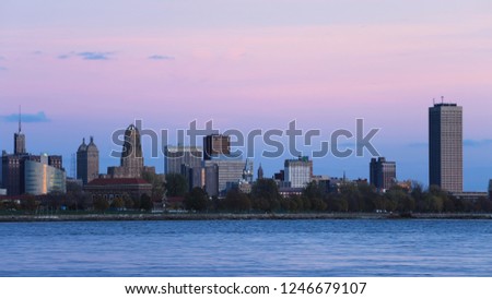 The Buffalo skyline as night falls