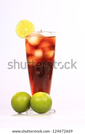Alcoholic Cocktail , Ice Cola with lemon, Cuba Libre made of Cola, Lime and Rum. Isolated on White Background