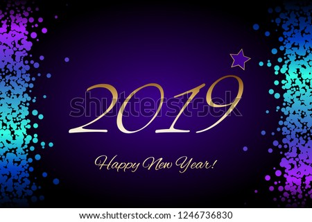 Vector illustration of Happy New Year 2019. Glowing sparkles on a purple background