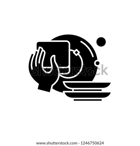Washing dishes black icon, vector sign on isolated background. Washing dishes concept symbol, illustration 