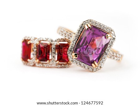 Jewelry accessories pair of ring with amethyst and ruby Royalty-Free Stock Photo #124677592