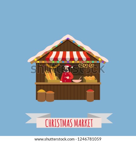 Christmas market stalls, canopy seller with New Year gifts. Xmas bakery, bread shops with bagel, ciabatta, baguette. Christmas fair wooden kiosks vector illustration. Template, isolated
