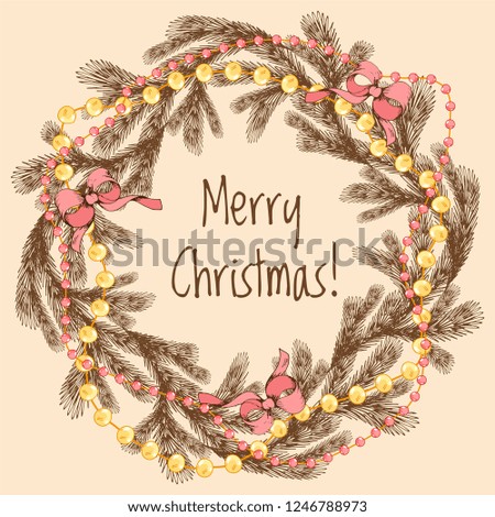Christmas vintage card on beige background, lettering merry christmas, hand drawn elements, vector illustration