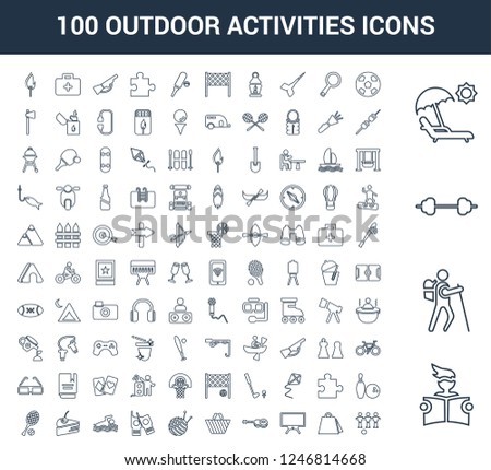 100 outdoor activities universal linear icons set with Read, Hiking, Fitness, Sunbed, Football, Shopping bag, Tv, Guitar, Picnic, Yarn ball