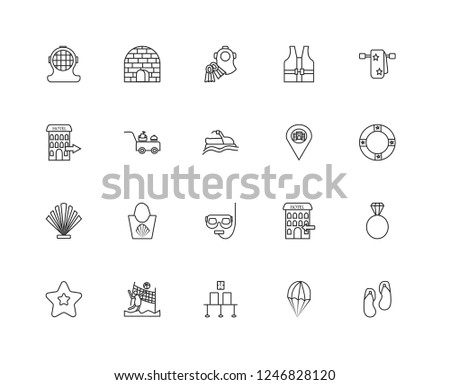 Set Of 20 linear travel icons such as Flip flops, Lifebuoy, Towel, Lifejacket, Starfish, Igloo, Check in, out, editable stroke vector icon pack