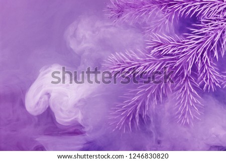 Branches needles with purple acrylic paints inside the water on a pink background. Watercolor style and abstract image of christmas tree branches.