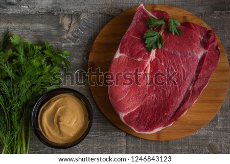 Raw meat steak.  Flat lay top-down composition