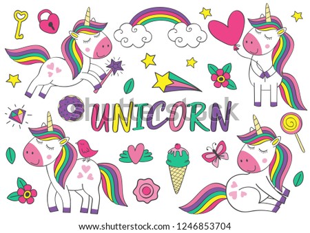 set of isolated cute unicorn and elements 
 part 1 - vector illustration, eps
