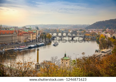 View to the historical bridges, Prague old town and Vltava river from popular view point in the Letna park or Letenske sady in Czech Republic